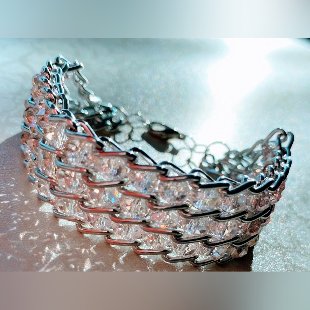 Elegant Silver and Pink Crystal Beaded Chain Link Bracelet